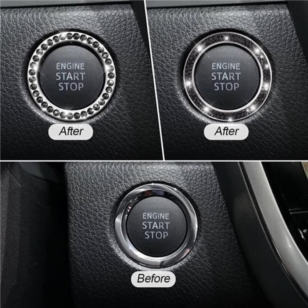 Car Start Button Bling Rhinestone Diamond Engine Button Ring 2-Pack Black - Picture 5 of 7